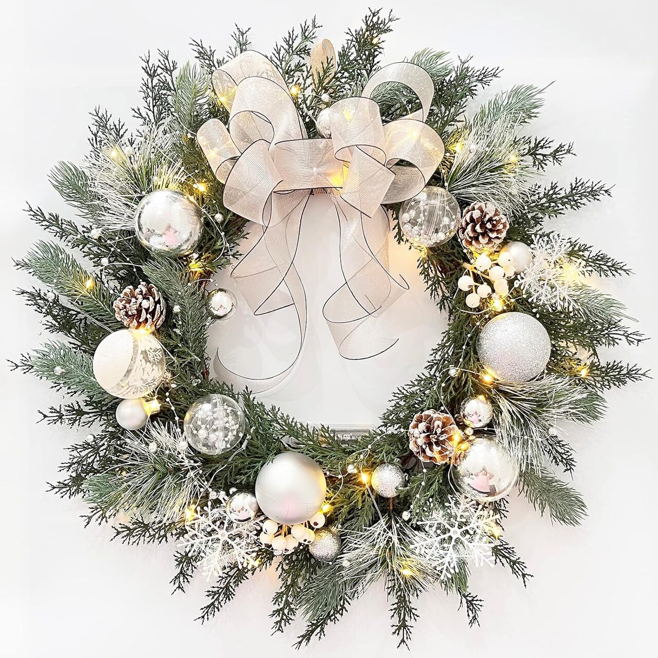 Prelit Christmas Wreath with White Bow and Ball Ornaments (White) 4"D x 20"W x 20"H